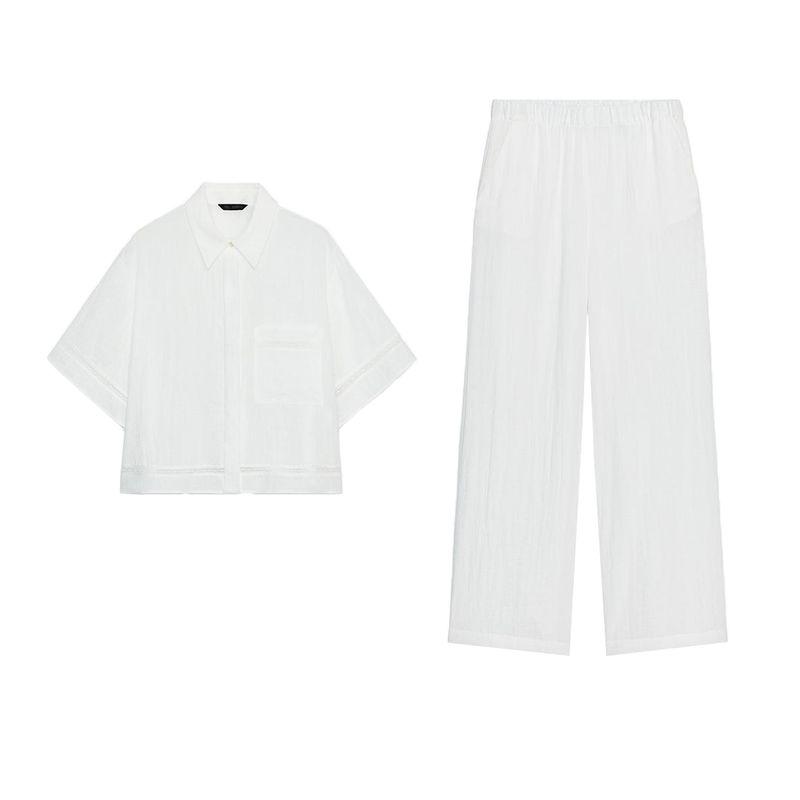 Minimalist Short Sleeve Lapel Short Shirt 8017741 High Waist Distressed Style Wide Leg Casual Trousers 8330741