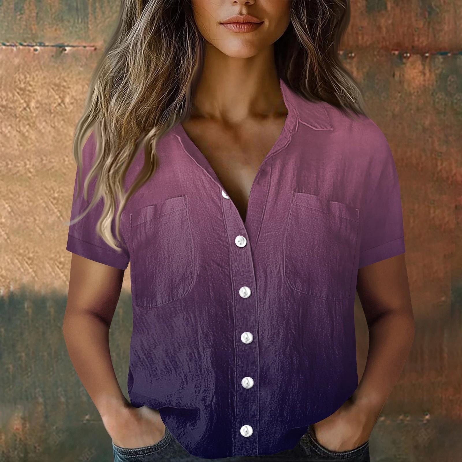 

Жіночі бавовняні лляні топи з короткими рукавами, вільні бохо футболки, вінтажні блузки XL фіолетовий