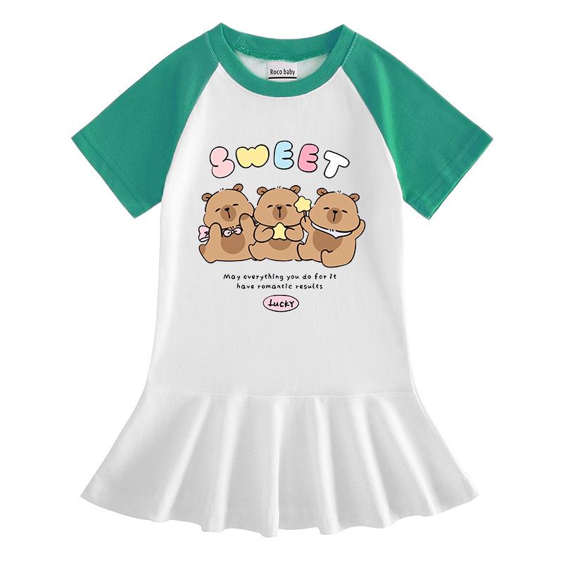 Sommer Cartoon Raglan Colorblock Kleid: Süßes Mädchen-Kleid mit Faltenrock und Rüschen