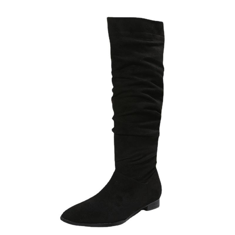 Botas de Cano Alto para Mulheres Plus Size com Bico Fino, Franzidas e Salto Baixo