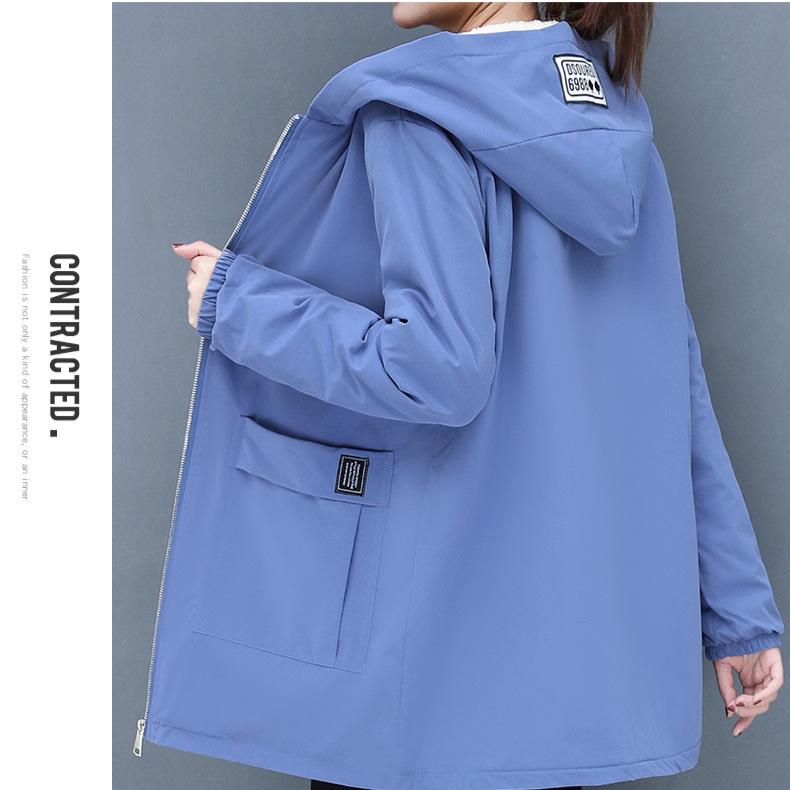 Women Windbreaker  New Spring Autumn  Women's Fleece Jacket Casual Hooded Overcoat Zipper Pocket Female Basic Coat