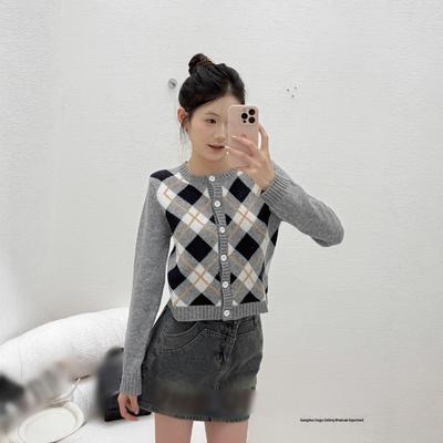 P Family Early Autumn Plaid Color Block Crew Neck Long Sleeve Knitted Cardigan