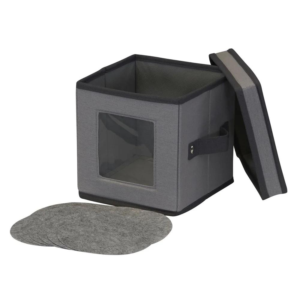Foldable Saucer Storage Box Holds 12 Saucers with Felt Protectors Stackable Design Windowed Panel Reinforced Handles Space Saver