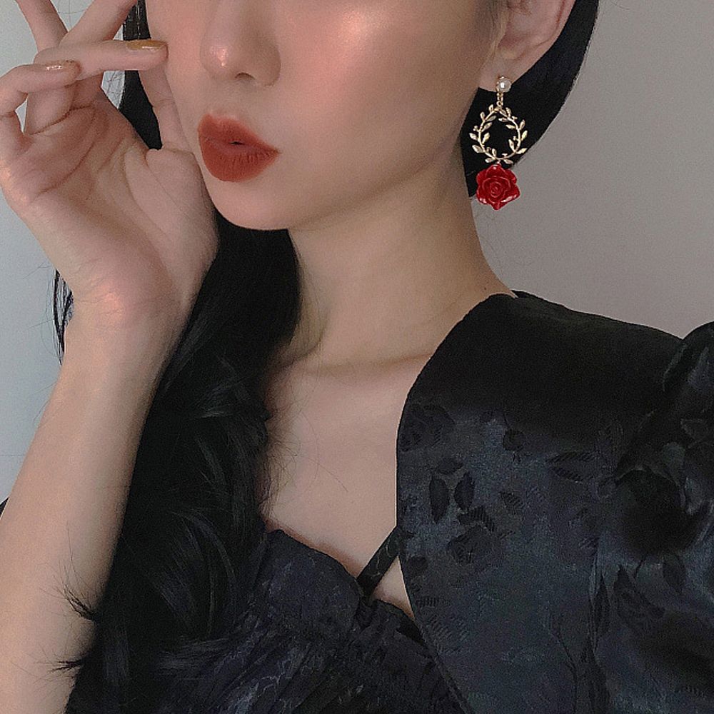 Asymmetric For Girls Pearl Women Stud Earrings Drop Earrings Korean Dangle Earrings Red Rose Flower