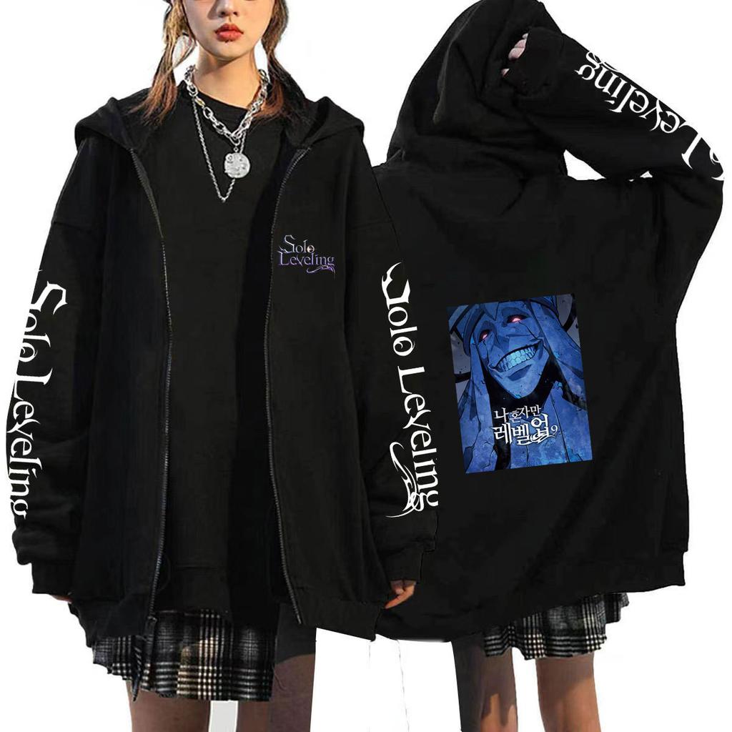 Solo Leveling Harajuku Anime Zipper Hoodies Mens Casual Zipper Coats Cartoon Printed Sweatshirts Hip Hop Hoody Streetwear Hooded Cardigan Tops