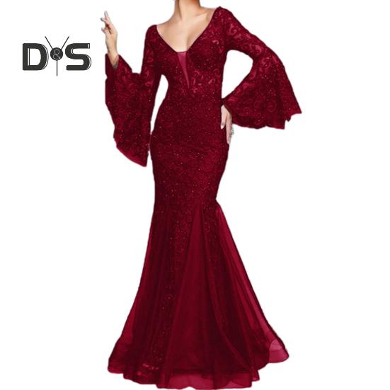 

Женское вечернее платье с V-образным вырезом, прозрачной кружевной вышивкой, расклешенными рукавами, бальное платье А-силуэта, подол «рыбий хвост», облегающее коктейльное вечернее платье, выпускной, банкетное платье макси S