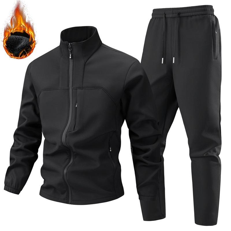 Zimní pánské outdoorové fleecové sportovní soupravy Tepláková souprava Pánské sportovní oblečení Hrubé turistické soupravy Pánské tepláky S kapucí Oblek Bunda Kalhoty 2 kusy