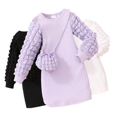 2pcs Baby Girls Dress & Bag Set Clothes Children Autumn Fall Winter Puff Long Sleeve Solid Dress for Kids Girls Clothing 3-7Y