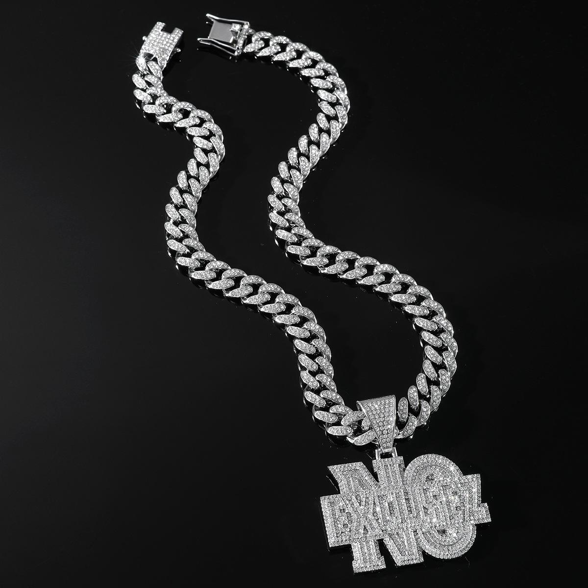 Iced Out Letter Script Pendant Necklace Gold Plated Full Rhinestone Cuban Chain Hip Hop Motivational Hustle Street Charm Jewelry Cuban chain&16inch(40cm) серебряный