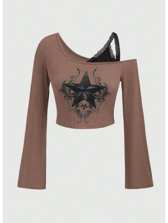 2026 Autumn/Winter Retro Street Style Y2K Printed Slim Fit Women's Tops
