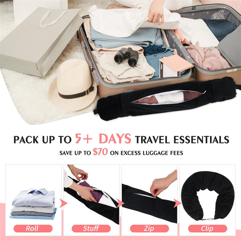 Travel Neck Pillow with Fillable Clothing U-Shaped Pillowcase Extra Storage Bag Velvet Neck Pillow Cover for Airplane Travel Take A Nap