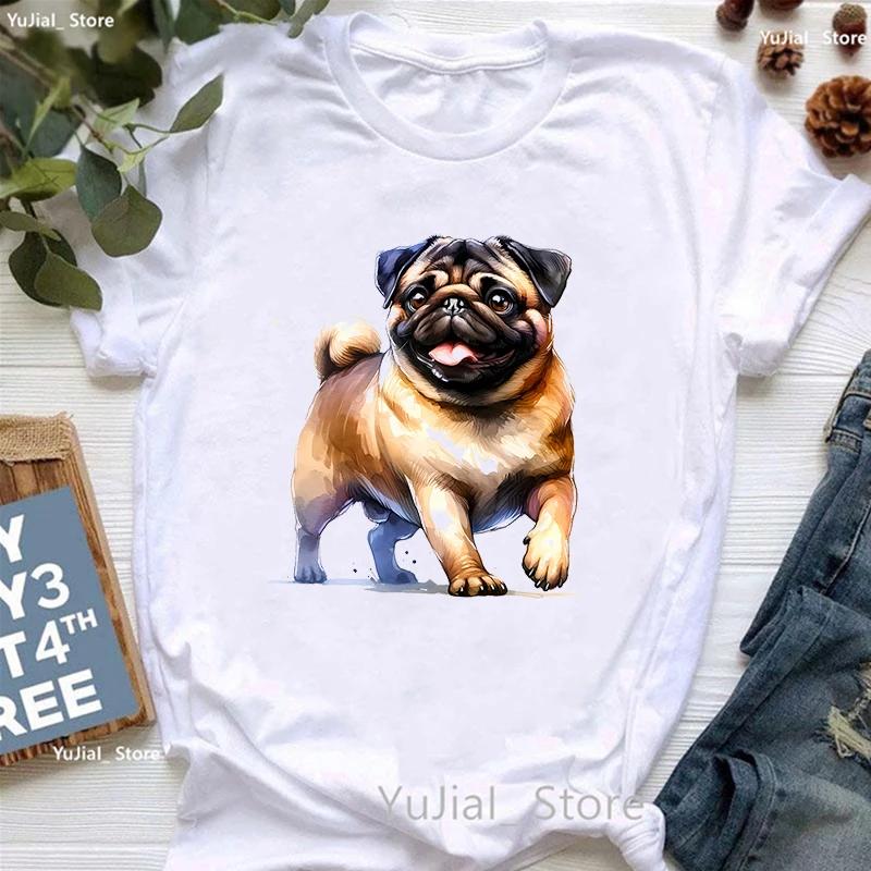 Watercolor Pug Dog Animal Printed T Shirt Unisexs Clothing Funny White Tshirt Femme Summer Tops Short Sleeve Tshirt Female