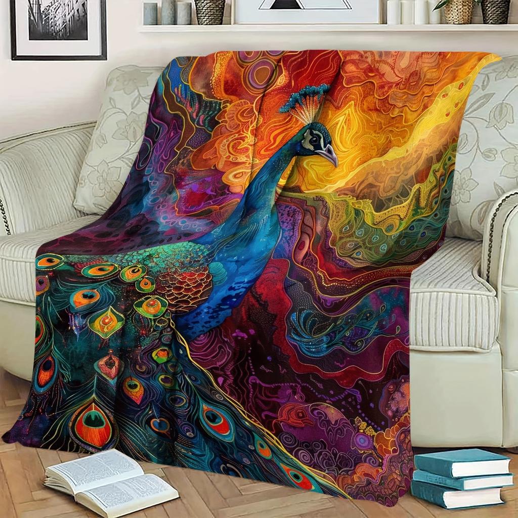 Artistic Peacock Feather Print Throw Blanket - Vintage Boho Bird Motif Soft Lightweight Accent for Sofa Bed Travel Office Gift