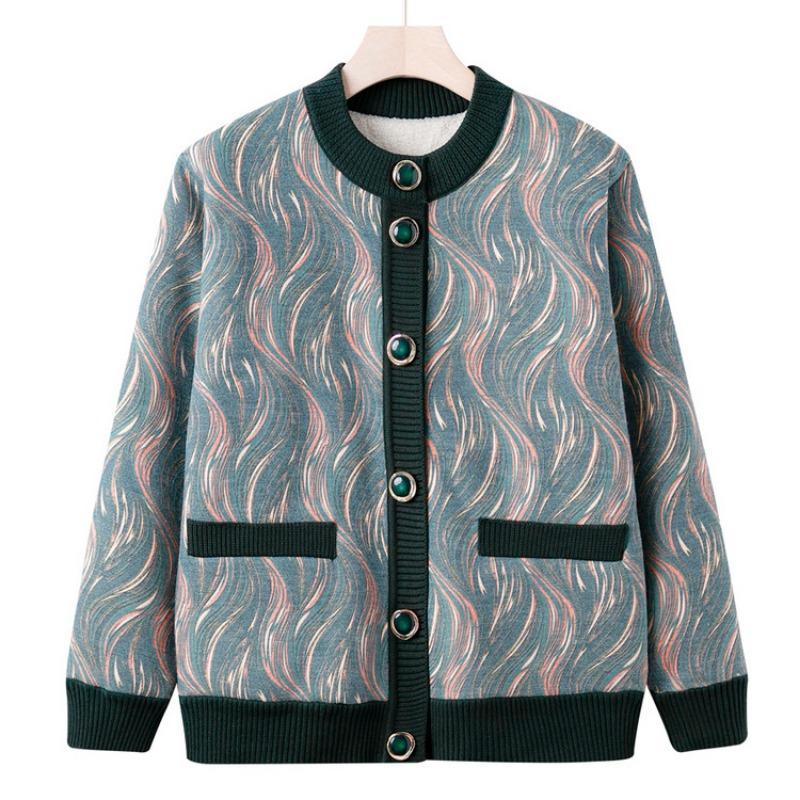 Middle-aged and Old New Mother's Fleece Thickened Cardigan Sweater Grandma Autumn and Winter Knitted Sweater Women's Old Lady Coat