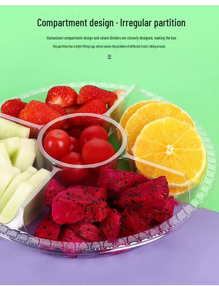 Transparente runde Einweg-Salatschale mit dreigeteilter Obstschale