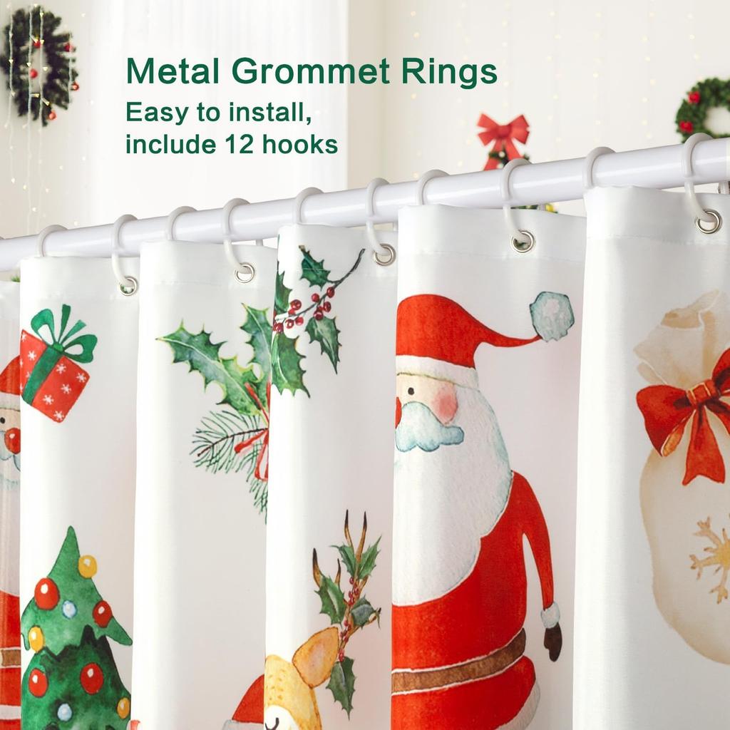 Christmas Shower Curtain Santa Claus Reindeer Tree Gift Design Holiday Theme Festive Decor Waterproof Fabric Xmas Bathroom