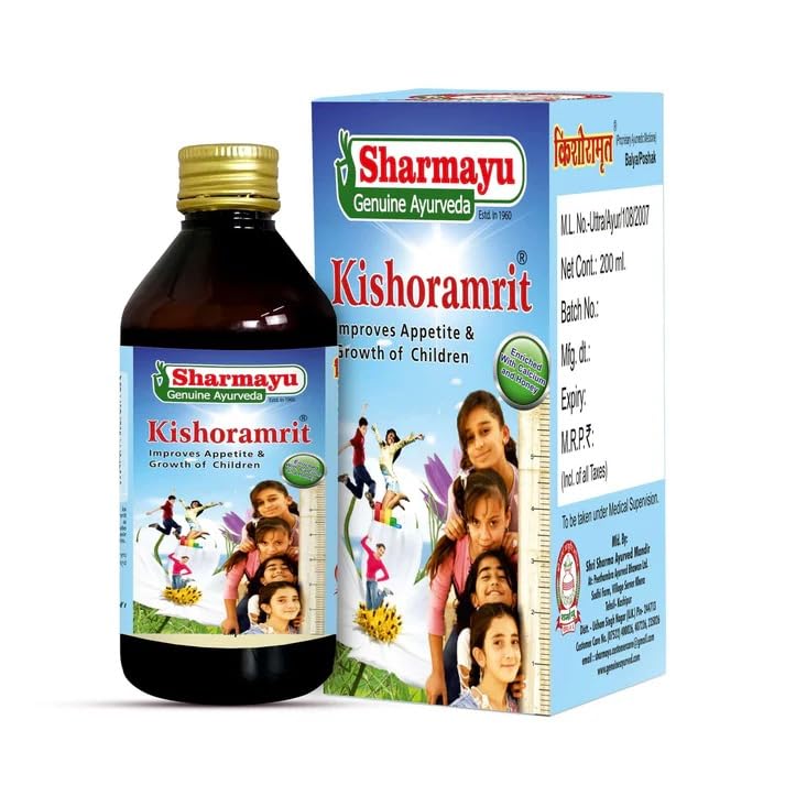 Sharmayu Kishoramrit Syrup 200 ml | Ayurvedic Tonic for Kids | Boosts Appetite, Bone Strength, Memory & Energy | Calcium & Honey Enriched Growth