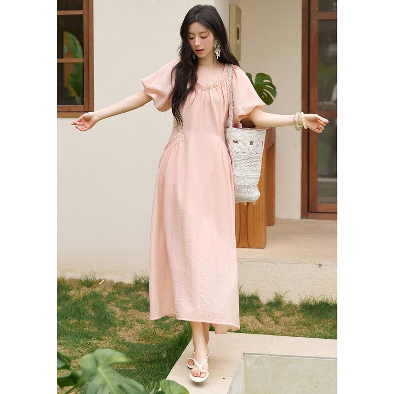 French Style V-Neck Puff Sleeve Midi Dress