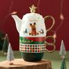 Gold plated tea set ins Christmas ceramic teapot, one pot, two cups