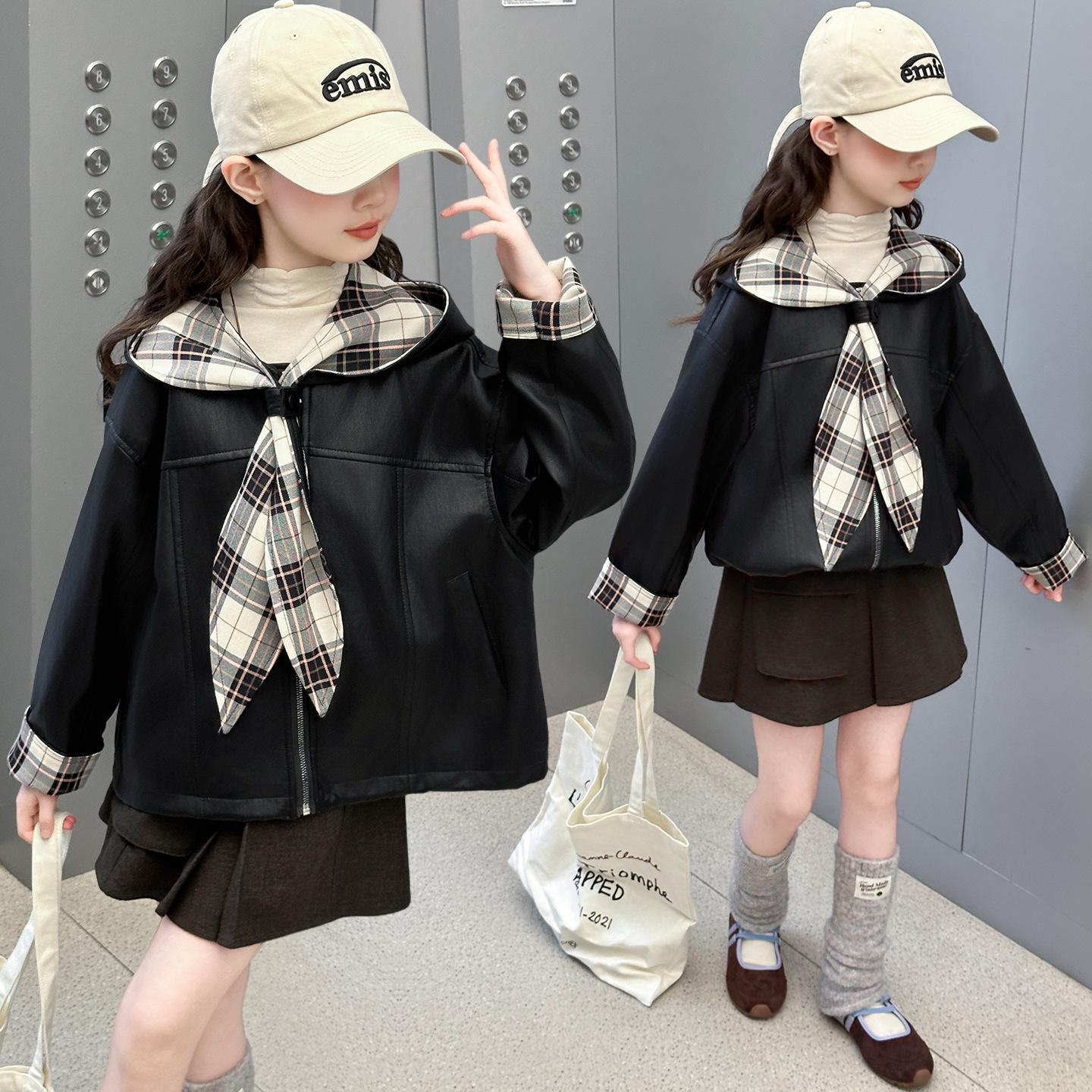 

Girls Plaid Patchwork Hooded Leather Jacket - 2025 Autumn Collection 130 cm чорний