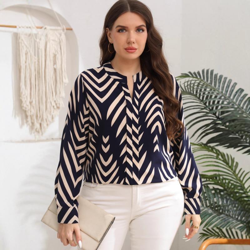Vintage Printed Loose Long Sleeve Plus Size Commute Blouse For Women