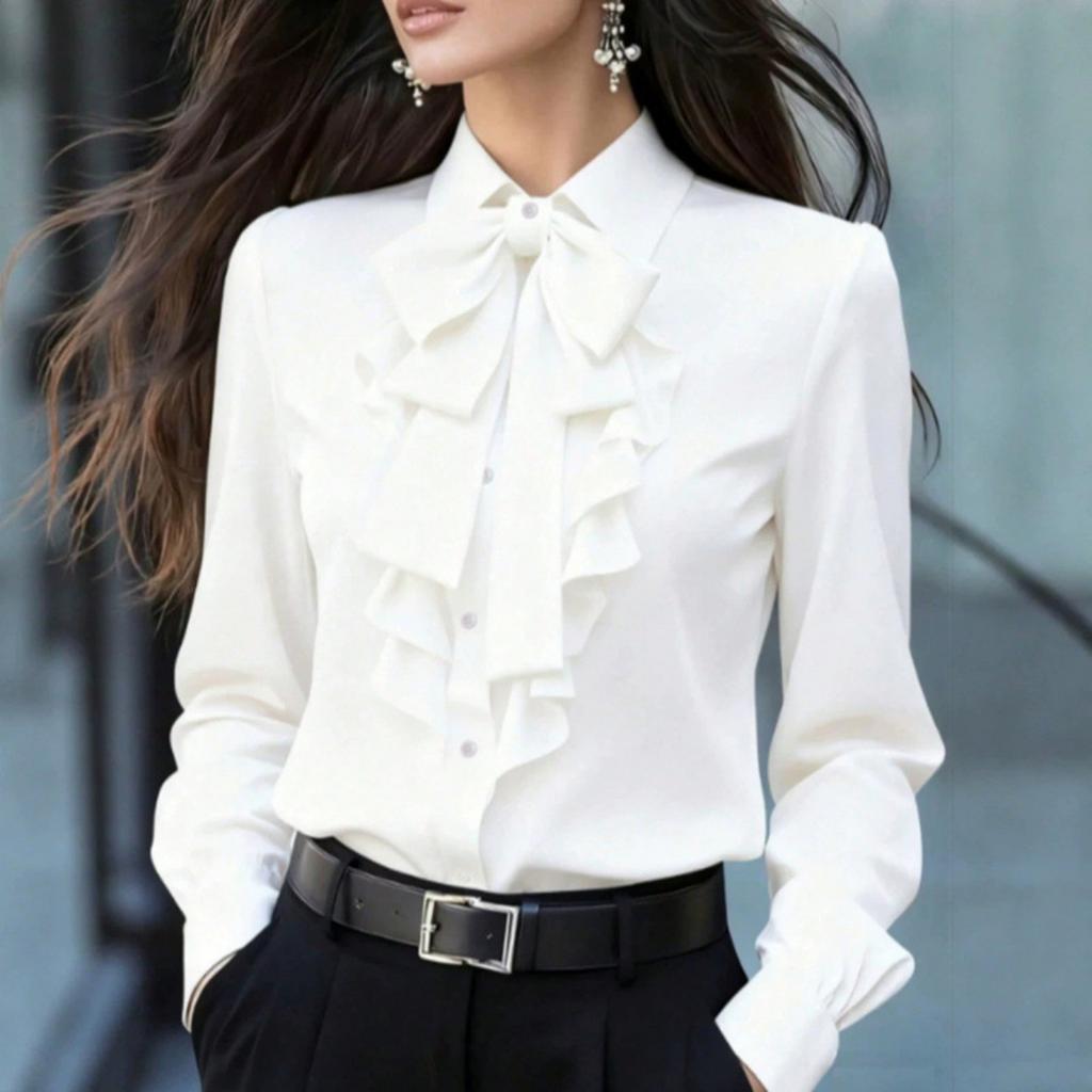 Women's Trendy Color Long Sleeve Blouse with Lapel Collar