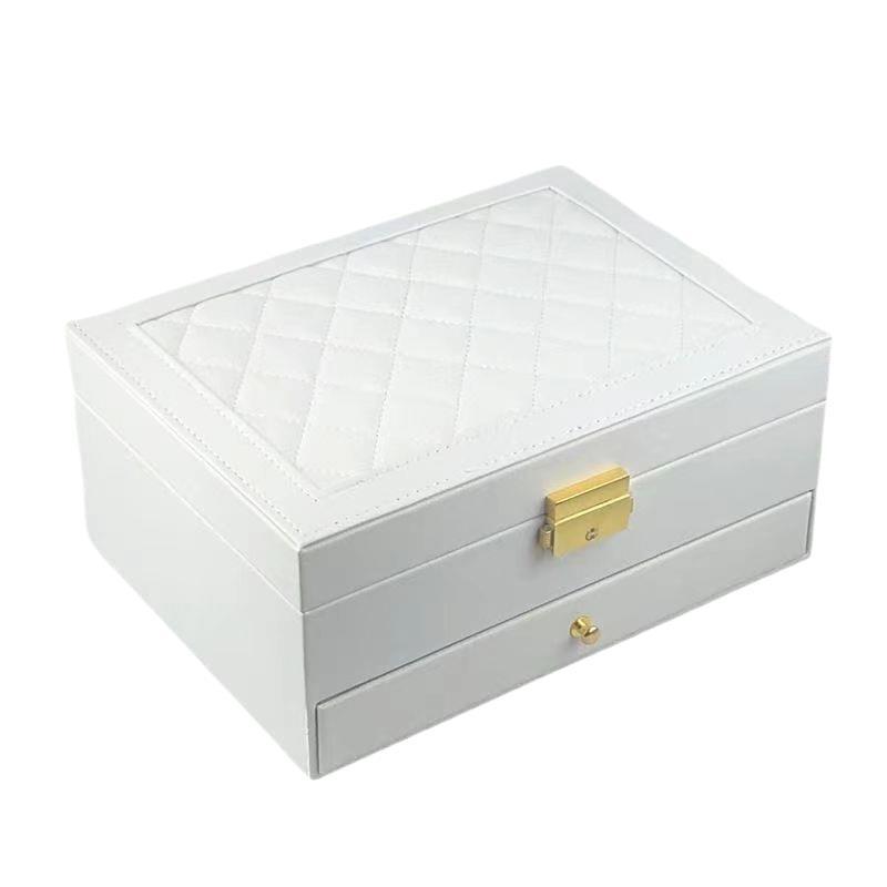 2-Drawer Jewelry Box Large Capacity Jewelry Storage Box with Lock Diamond Pattern Ring Jewelry Gift Box Accessories Packaging Box PU Leather Material
