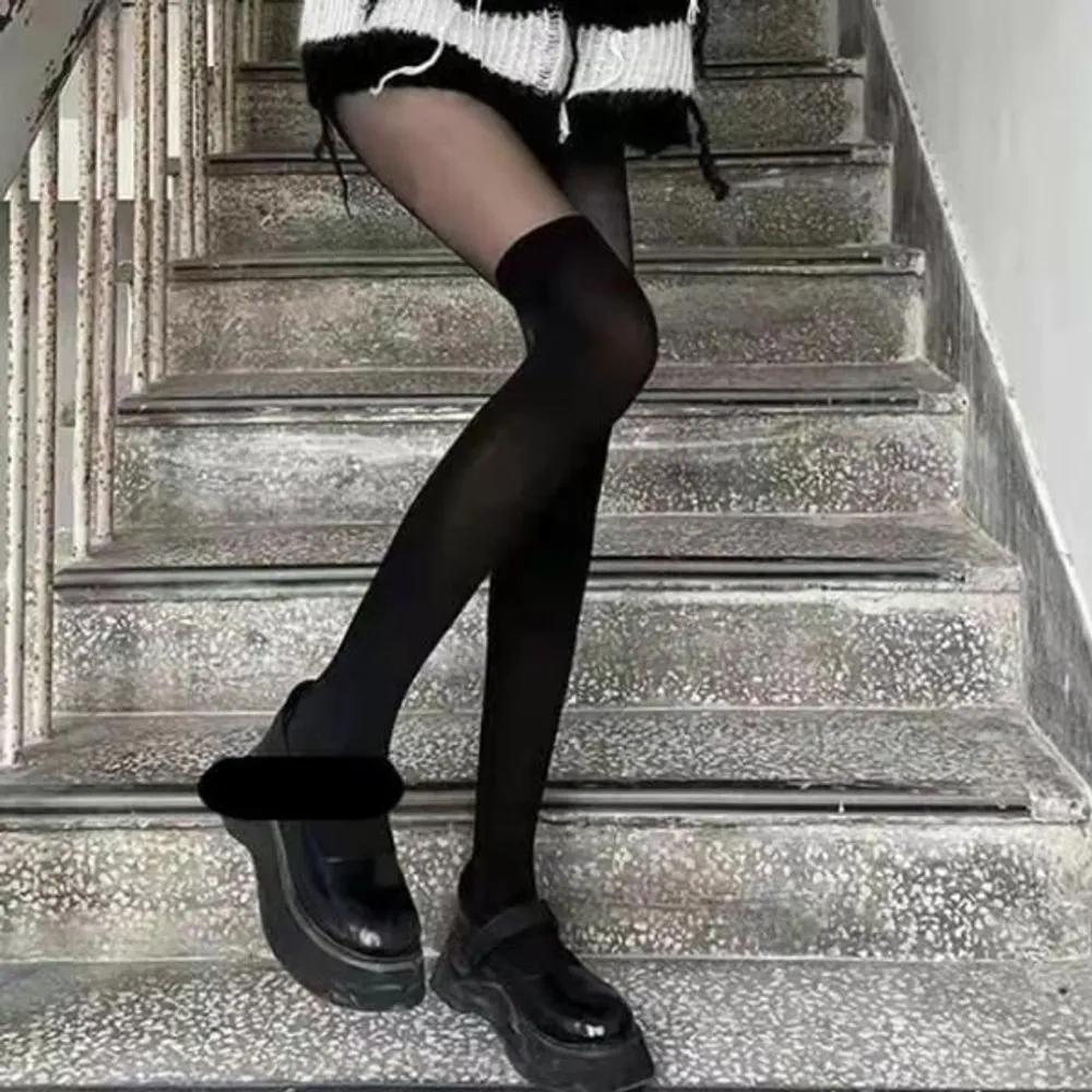 Women s Simple Spandex Compression Knee Socks Leggings Stockings Black+Black/Raw