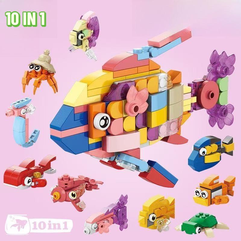 Animals World Insect Fish Bird Dog Insect Giraffe Honeybee 10 In 1 Building Blocks Bricks Model Kids Educational Toy