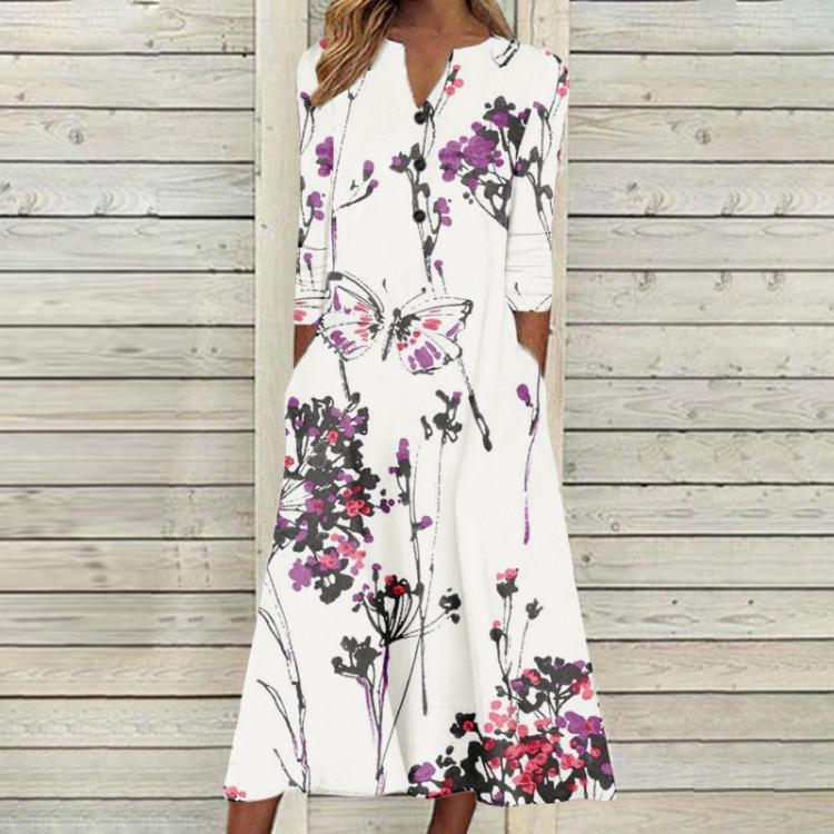 2023 Autumn Women Printed Maxi Dress Long Sleeve Open Chest Skirt Fashion Trendy