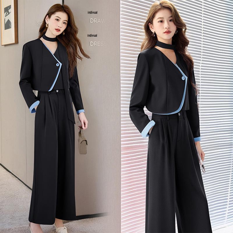 

Модный женский костюм Весна 2025: Комплект куртка и брюки широкого кроя HR1100 XXL (65-70 kg) чёрный