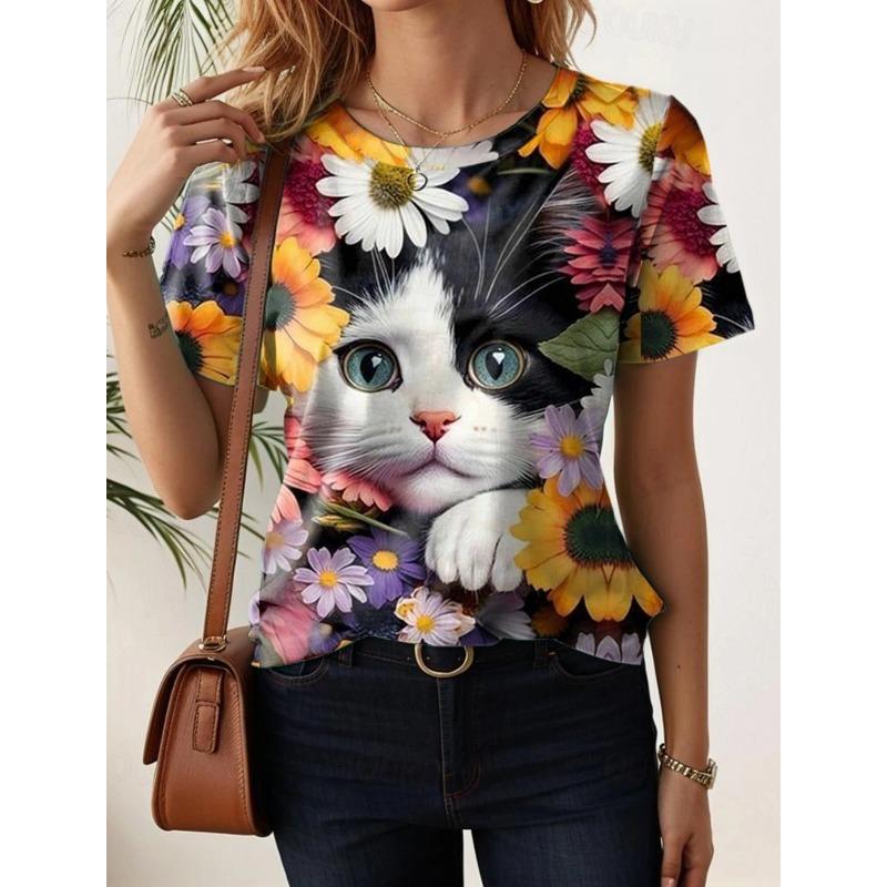 3D Printed Cute Puppy Oil Painting T-shirt Women's Fun Pattern T-shirt Summer Casual Round Neck Top Short Sleeve Loose T-shirt