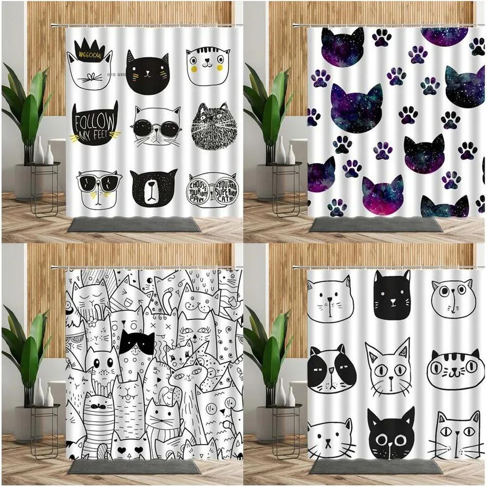 3D Cartoons Black White Cat Bathroom Waterproof Shower Curtain Simple Footprint Bathroom Curtains Set Bathtub Screen With Hooks