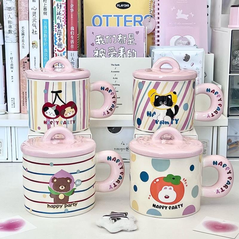 Cute cute pet cat mug girls high-value ceramic cup with lid girls girlfriends practical birthday gift