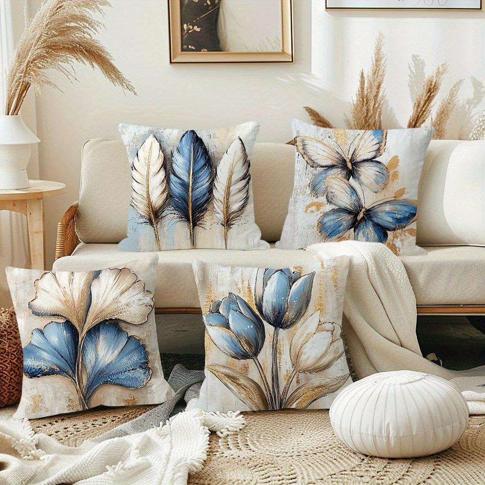Four Exquisite Pillowcases with Blue and White Floral and Feather Art Prints Sofa cushion cover home room decoration