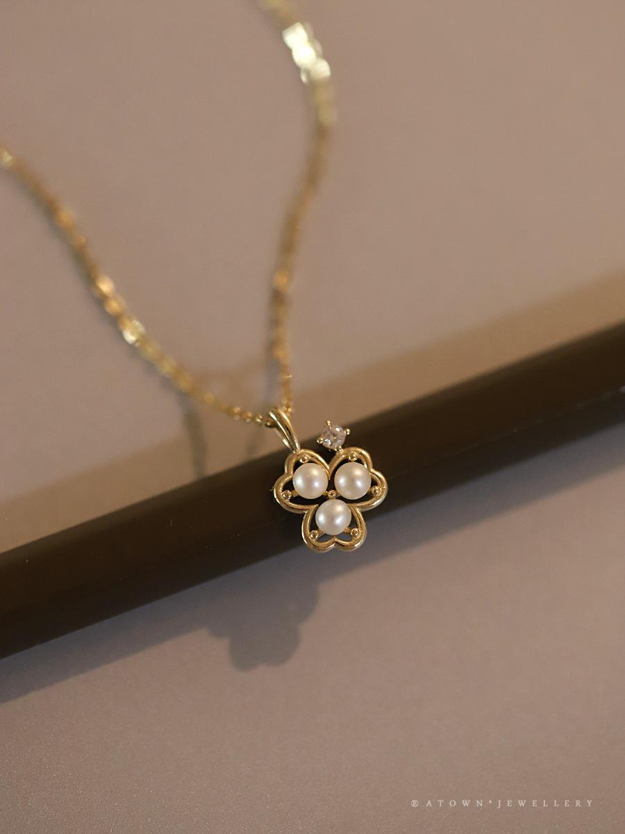 S925 Sterling Silver Gold-Plated Pearl Necklace with Four-Leaf Clover Flower Pendant - Elegant Court Style for Women 45 cm Adjustable золотой