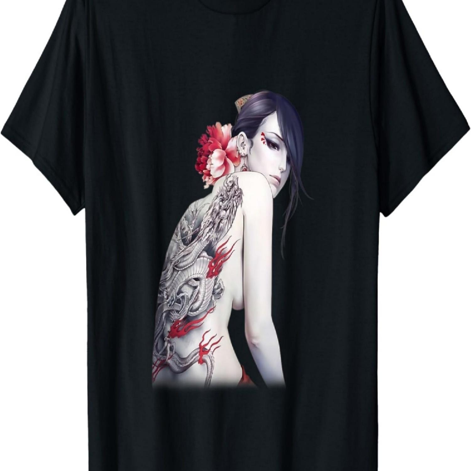 Geisha Tattoo Dragon with Cherry Blossom T-Shirt S чёрный