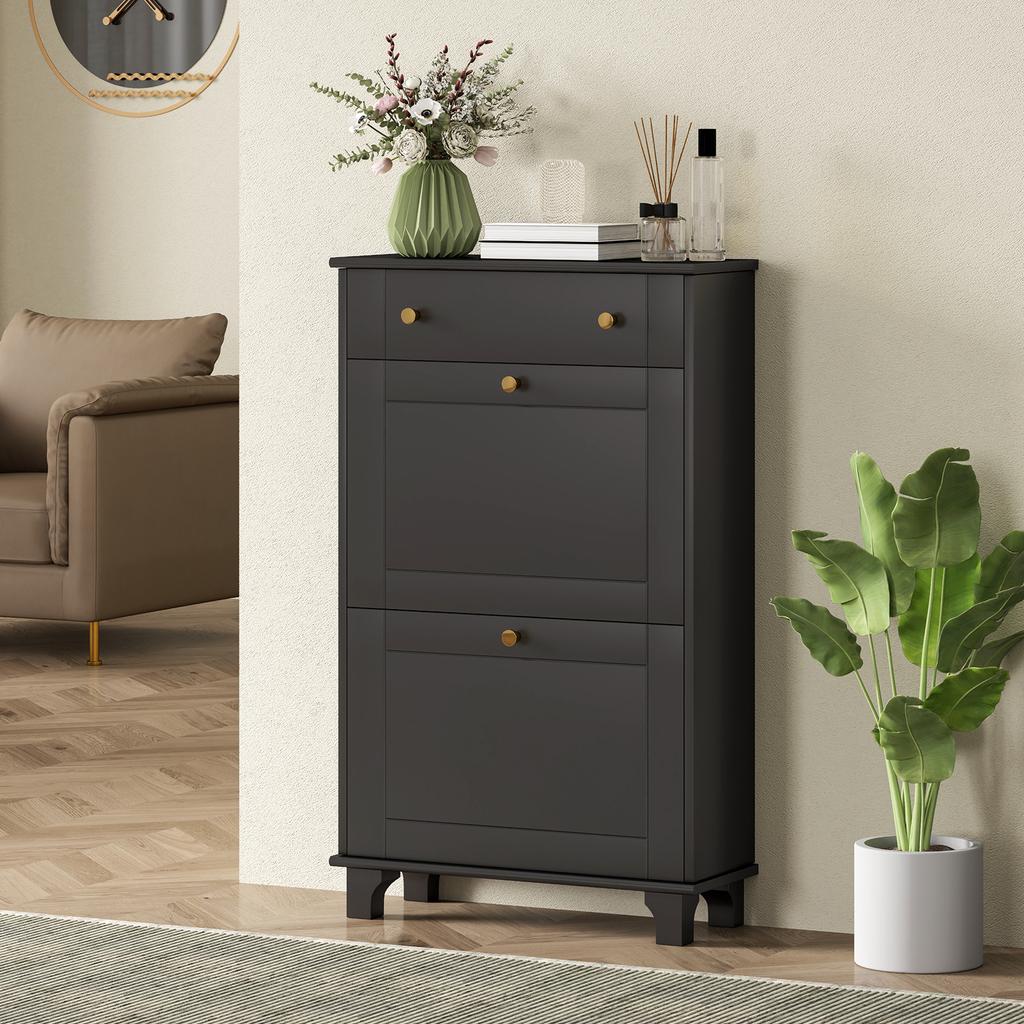 Narrow Shoe Cabinet, Drop-Down Drawers, Adjustable Shelf, 60x23.5x98.5cm, Black