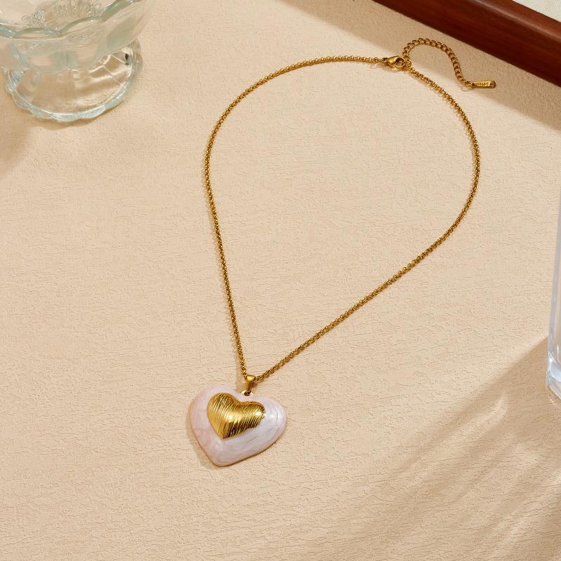 Gold Plated Stainless Steel Pink Enamel Heart Pendant Necklace for Women, Double Layer Design золотой