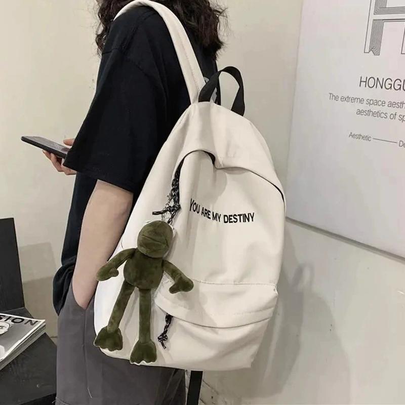 White Black Student Backpack With Frog Pendant Backpack Travel Storage Bag