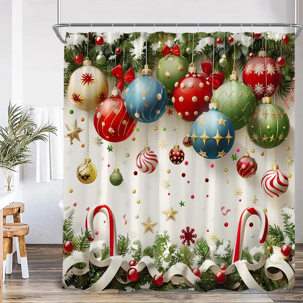 Chritsmas Shower Curtain Red Silvery Ball Xmas Balls Snowflake Pine Leaves Merry Christmas Winter Polyestert Bath Curtain Decor
