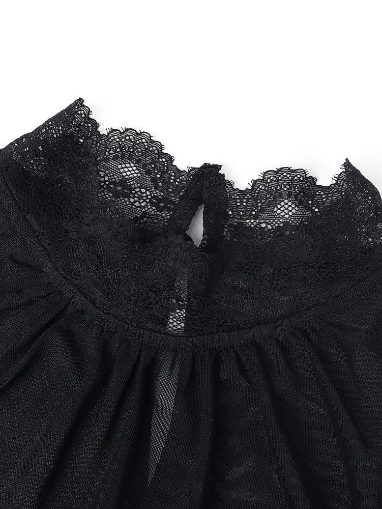 Elegant Spliced Mesh Bell Sleeve Lace-up Waist Top - Spring/Autumn 2026 Collection