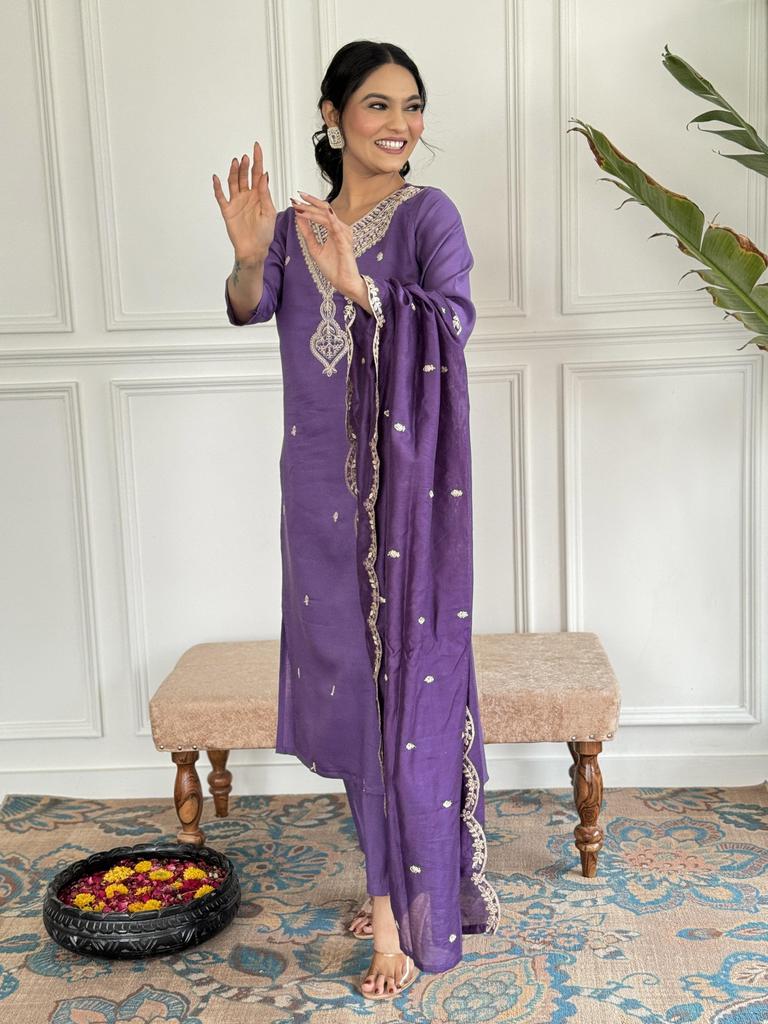 Women Designer Chanderi Kurta Pant Dupatta Set Indian Bollywood Top Tunic Kurti Salwar Suit