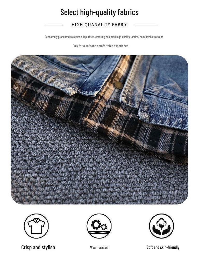 Pánská trendy kostkovaná patchworková džínová bunda 2025 - Falešný dvoudílný vlněný kabát na jaro a podzim