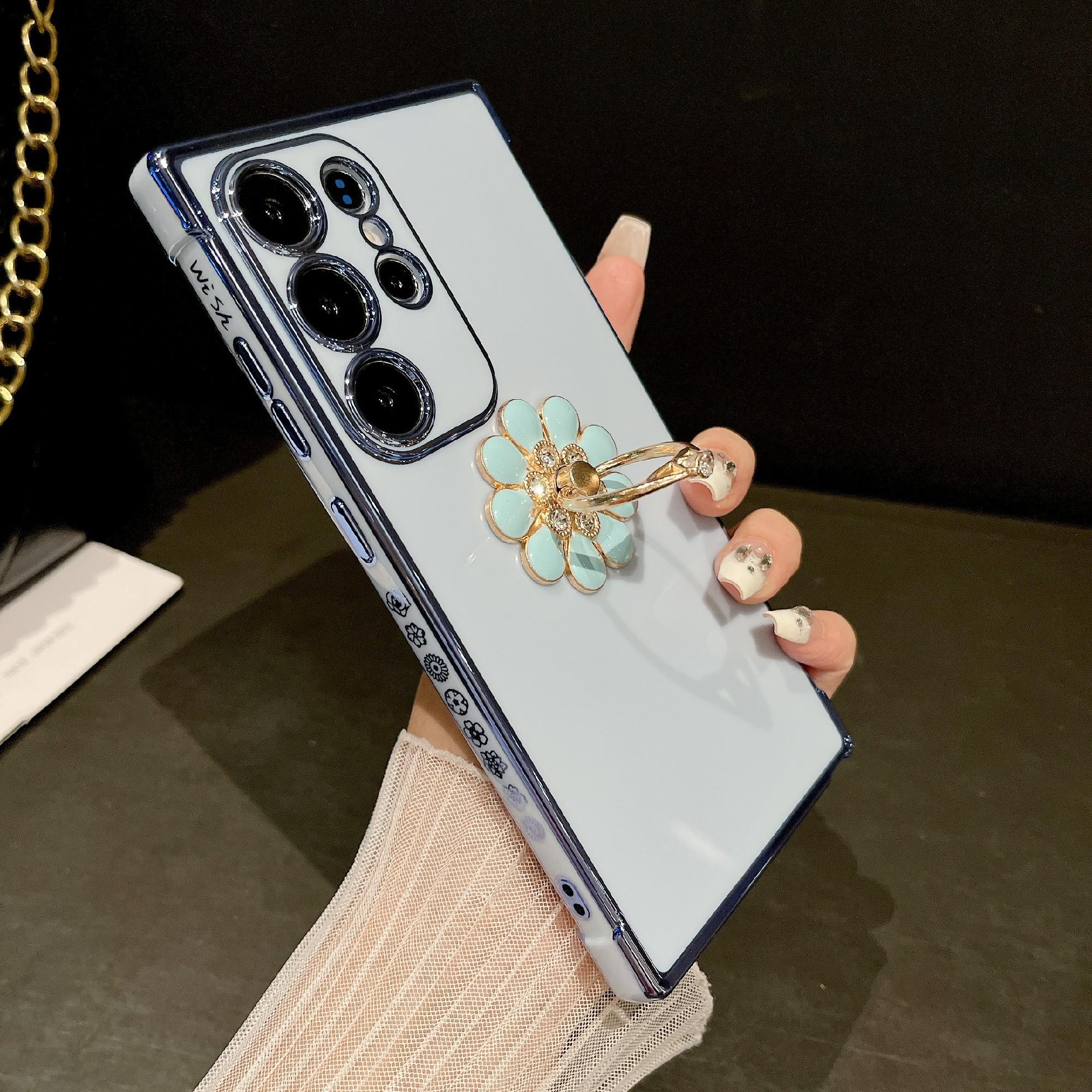 

For Samsung Galaxy S25 Ultra Case with Ring Kickstand Rose Flower Electroplated TPU Phone Cover D