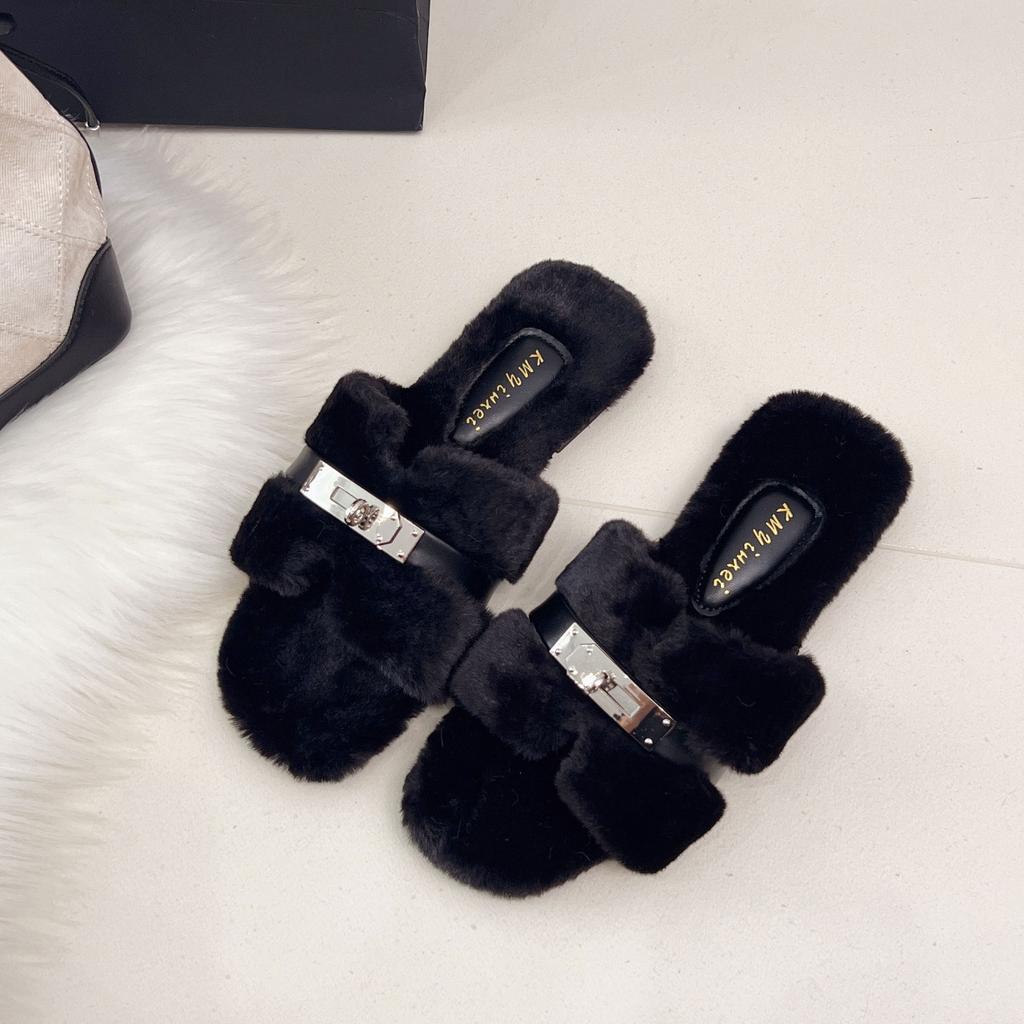 Comfortable Princess Thick-bottomed Fluffy Slippers Women's Autumn and Winter High-end Outer Wear 2025 New Indoor Home One-word Cotton Mop