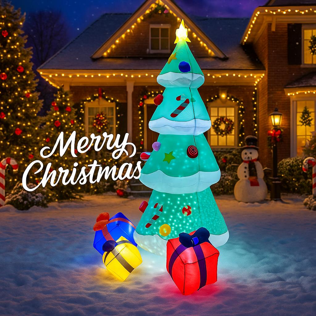 7.87FT Inflatable Christmas Tree Gift Boxes Toy LED Lit Festive Gift Xmas Yard Lawn Party Decoration Xmas Supplies Home Ornament