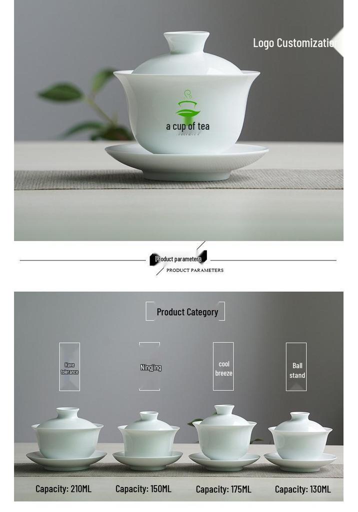 Jingdezhen Ceramic Gaiwan: White Porcelain Large Three Talents Tea Cup