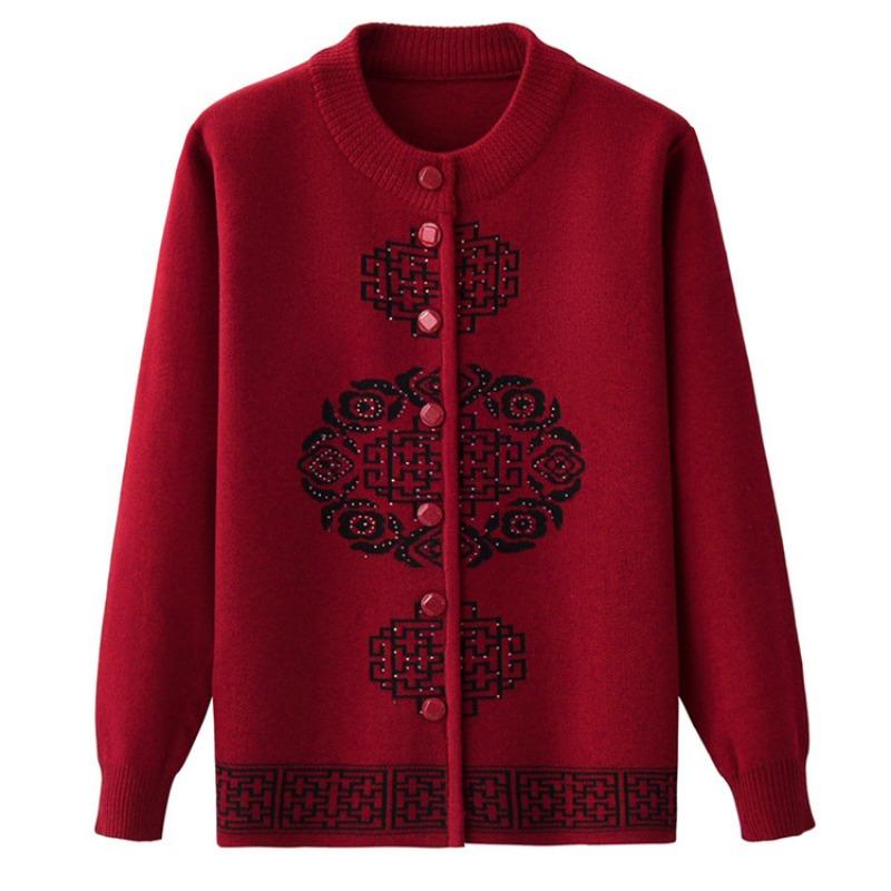 Mom's New Skills New Year's Festive Top In the Elderly Knitted Sweater Cardigan Piled Thickened Grandma Sweater Jacket