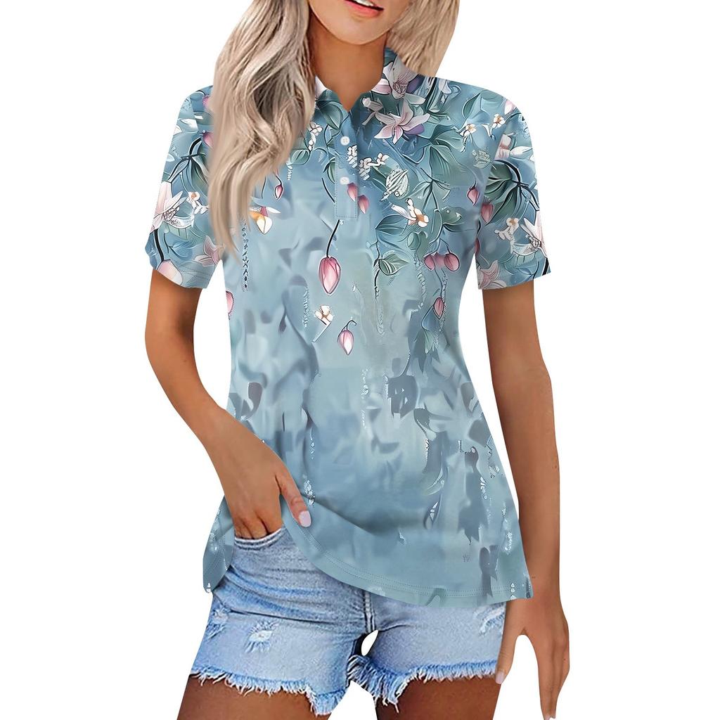 Women's Fashion Casual Lapel Short Sleeve Printed Shirt Women's Button Up Tops